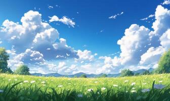 A serene landscape featuring a grassy field under a bright sky. photo