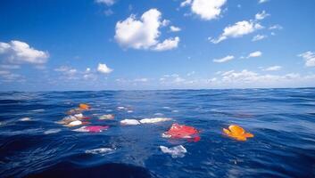 A serene ocean scene with floating debris and colorful waste. photo