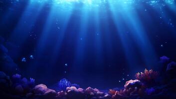 A serene underwater scene with vibrant corals and soft light rays. photo