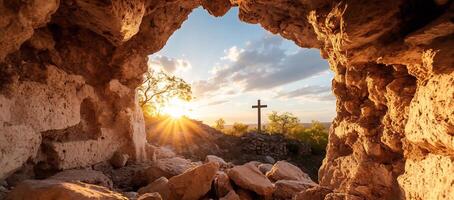 A serene view from a cave with a cross at sunset. photo