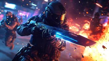 A soldier in a futuristic battle scene wielding a glowing weapon. photo
