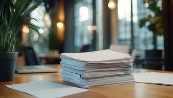 A stack of papers on a wooden table in a modern office setting. photo