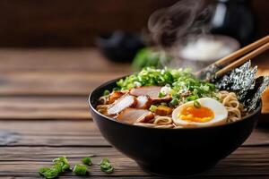 A steaming bowl of ramen topped with sliced pork, egg, and green onions. photo
