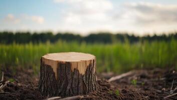 A tree stump in a field, symbolizing deforestation and nature's cycle. photo