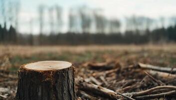 A tree stump in a deforested area, highlighting environmental impact. photo
