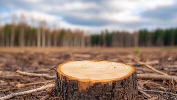 A tree stump in a deforested area under a cloudy sky. photo