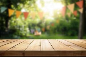 A wooden table in a vibrant outdoor setting with festive decorations. photo