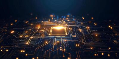 Abstract representation of a microchip with glowing circuitry. photo