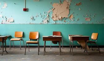 An abandoned classroom with peeling walls and empty desks. photo