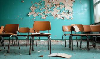 An abandoned classroom with scattered chairs and peeling walls. photo