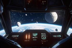 A view from inside a spaceship looking out at the earth photo