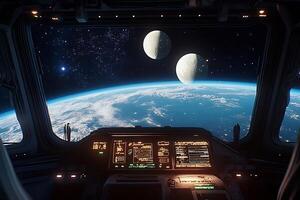 The view from inside a spaceship looking out at the earth photo