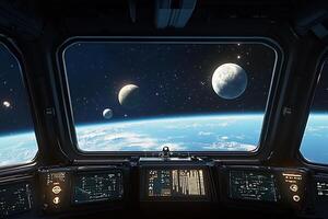 The view from inside a spaceship with earth in the background photo