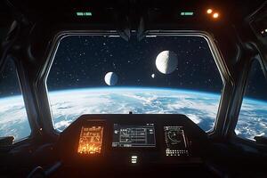 The view from inside a spaceship with earth in the background photo