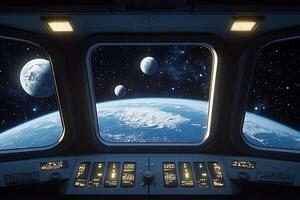 The view from inside a spaceship with earth and moon photo