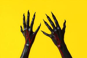 Black-painted hands with sharp nails and red lines against a yellow background. photo