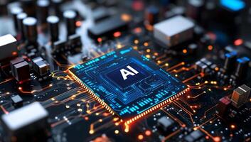 Close-up of a circuit board featuring an AI processor. photo