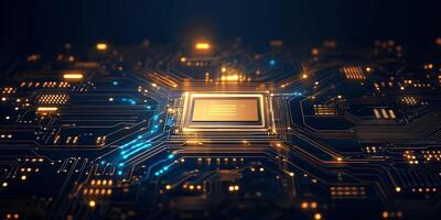Close-up of a circuit board with glowing components and a microchip. photo