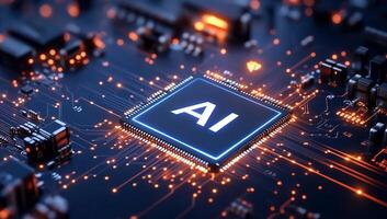 Close-up of a circuit board with an AI chip highlighted. photo