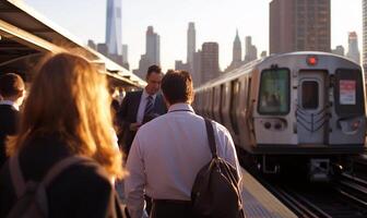 Commuters waiting for a subway train in a cityscape at sunset. photo