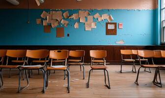 Empty classroom with scattered papers and worn furniture. photo