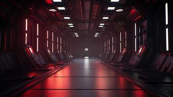 A long hallway with red lights and black seats photo
