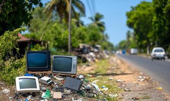A pile of old televisions sitting on the side of the road photo