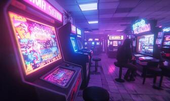 A man is standing in front of a row of arcade machines photo