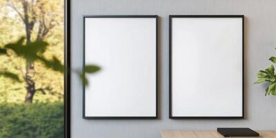 Two empty frames on a wall with a view of greenery outside. photo