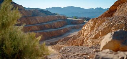 A scenic view of rugged terrain and mountains under a clear sky. photo