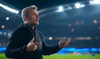 A man gestures passionately during a nighttime sports event. photo