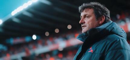 A man in a jacket stands thoughtfully in a sports setting. photo
