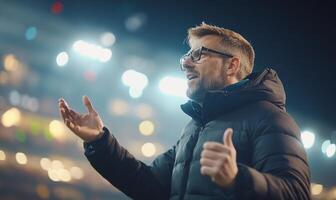 A man in glasses passionately gestures during a nighttime sports event. photo