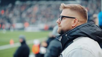 A man observing a sports event, focused on the game ahead. photo