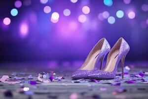 Elegant purple high heels on a festive floor with colorful confetti. photo