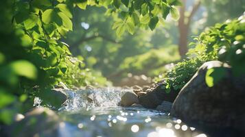 A stream running through a lush green forest photo