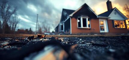 A charred house after a fire, with debris scattered around. photo