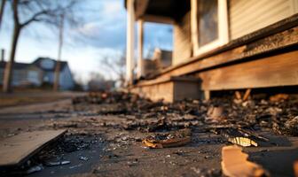 A close-up view of charred debris near a burned structure. photo