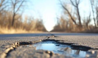 A cracked road with a reflection of trees and sky in a puddle. photo