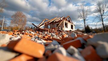 A destroyed house with debris scattered around, under a cloudy sky. photo