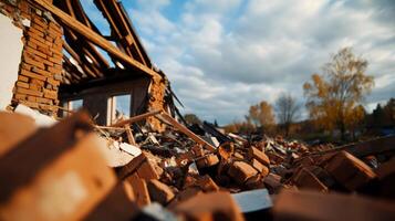 A close-up of rubble from a collapsed building under a cloudy sky. photo