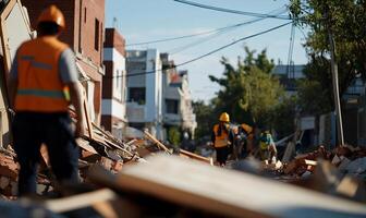 A group of men in orange vests are walking through rubble photo