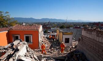 Rescue workers assess damage in a devastated urban area after a quake. photo