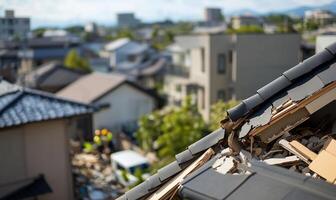 Damage to a building's roof after a disaster, with recovery efforts visible. photo