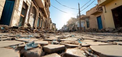A devastated street with debris and broken glass under a bright sky. photo