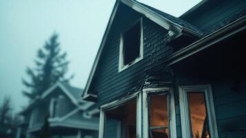 A house with fire damage, showing charred wood and a broken window. photo