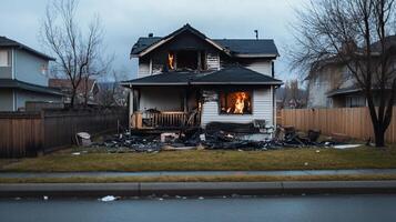 A house engulfed in flames, showcasing the aftermath of a fire. photo