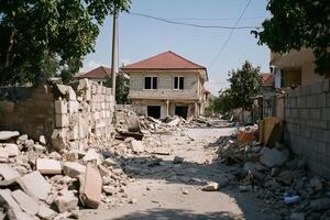 A damaged street with debris and destroyed buildings after a disaster. photo