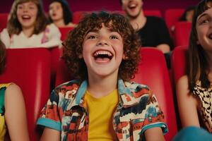 A joyful child laughing in a cinema filled with smiling faces. photo