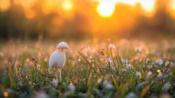 A mushroom is standing in a field with the sun setting behind it photo